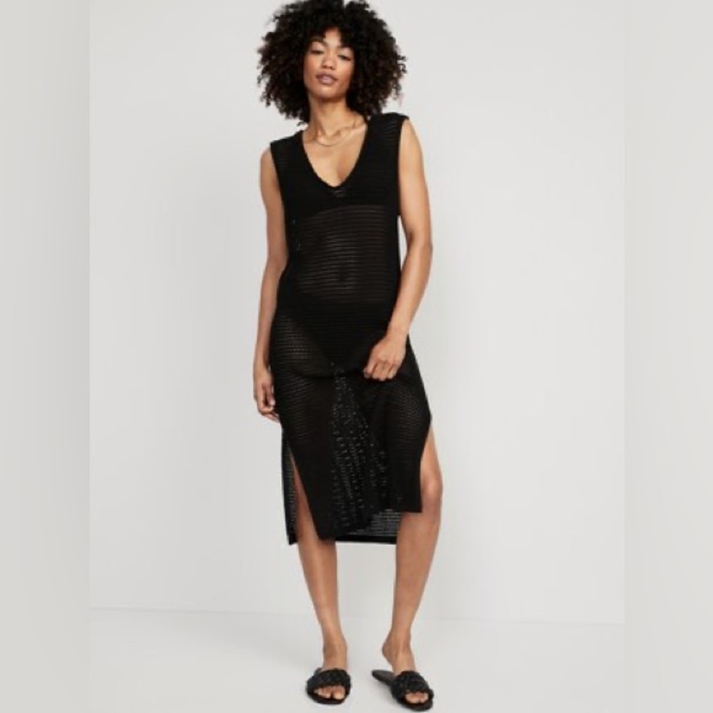 Old Navy Sleeveless Crochet Midi Swim Cover-Up Dress for Women black - MP